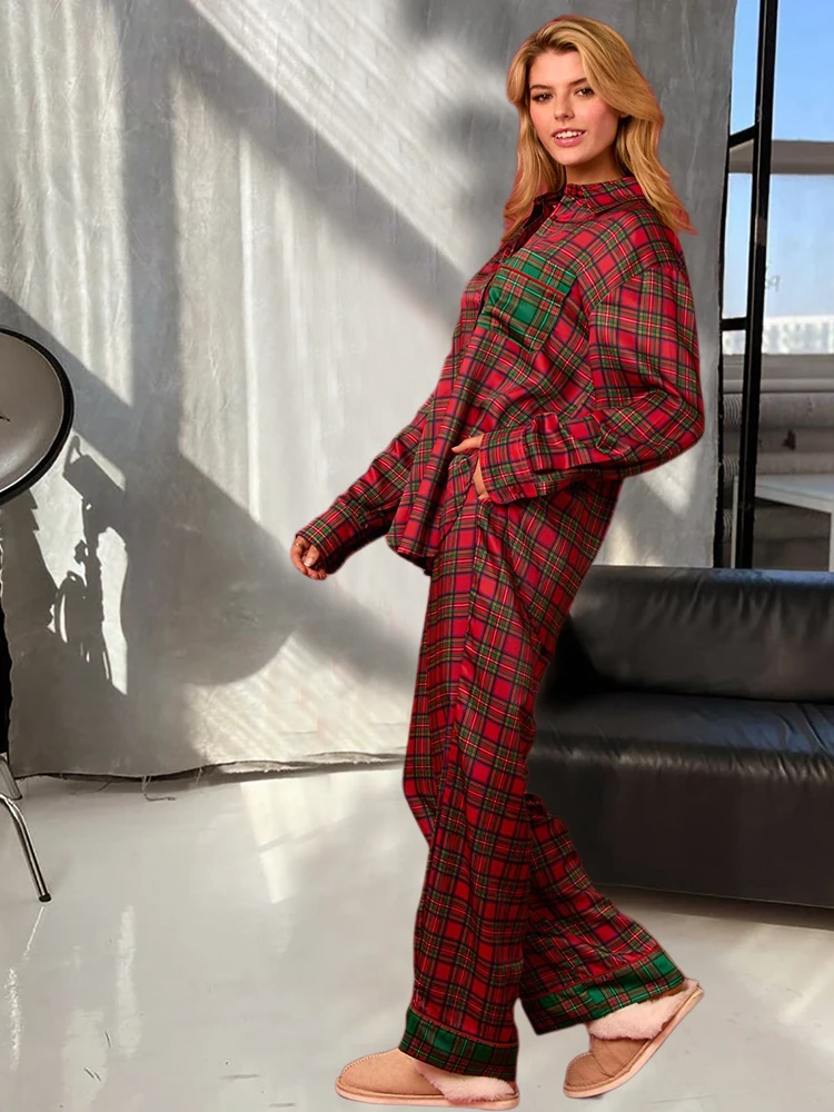 Women 2 Piece Christmas Pajamas Set Casual Plaid Long Sleeve Button Shirt Long Pants Colorful Print Pjs Sets Sleepwear Pajamas