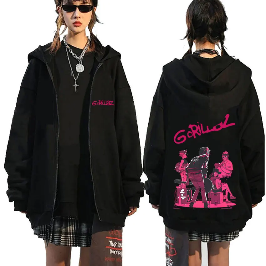 

Rock Band Gorillaz Graphic Print Zipper Hoodie Men Women Fashion Hip Hop Zip Up Jacket Men's Gothic Oversized Zip Up Sweatshirt