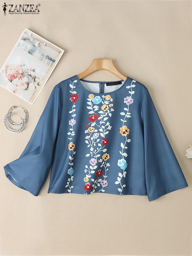 

ZANZEA Vintage Blouse 3/4 Sleeve Tops 2025 Elegant Print Floral Blusas Women Casual Flare Sleeve Pullovers O Neck Loose Tunic