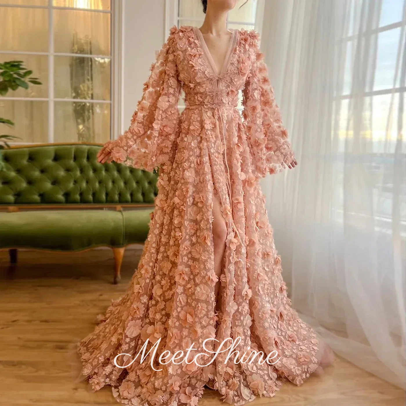 

Романтическое вечернее платье из тюля с 3D-цветочным v-образным вырезом и рукавами «летучая мышь» с высоким боковым разрезом и бисером, платья для выпускного вечера, вечернее платье по индивидуальному заказу