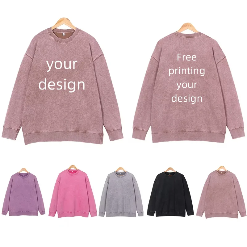 Vintage Oversized 400g Pure Cotton Washed Distressed Round Neck Sweatshirt With Loose Print Logo Custom Design Embroidery Name