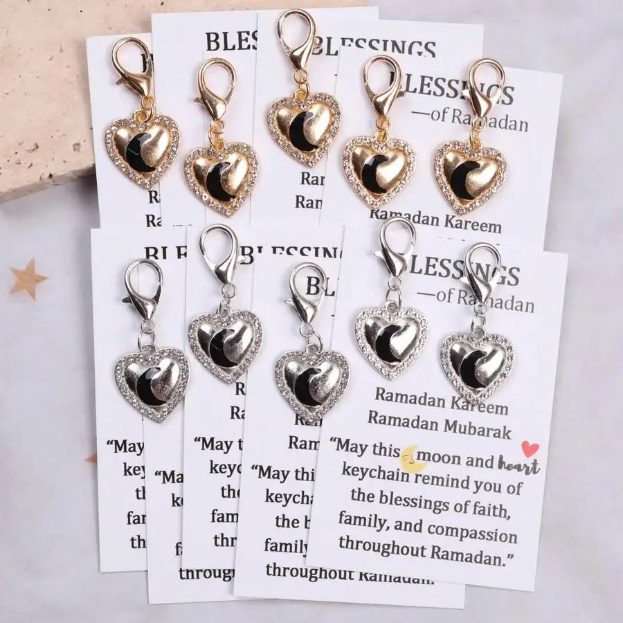 1/5/10/20/50/100pcs Unique Charming Heart & Moon Keychain Pocket Hugs Token, With Holiday Blessing Pocket Hug Card. Ideal Eid Al