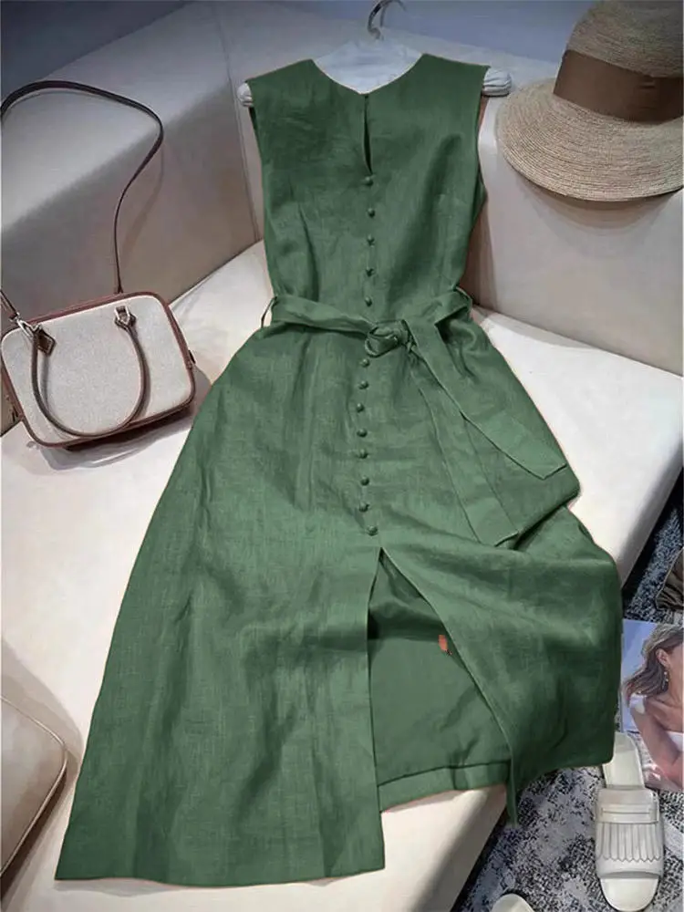 

Women Summer Single Breasted Tank Dress Office Lady Elegant Sleeveless Lace Up Green A Line Midi Dress F675