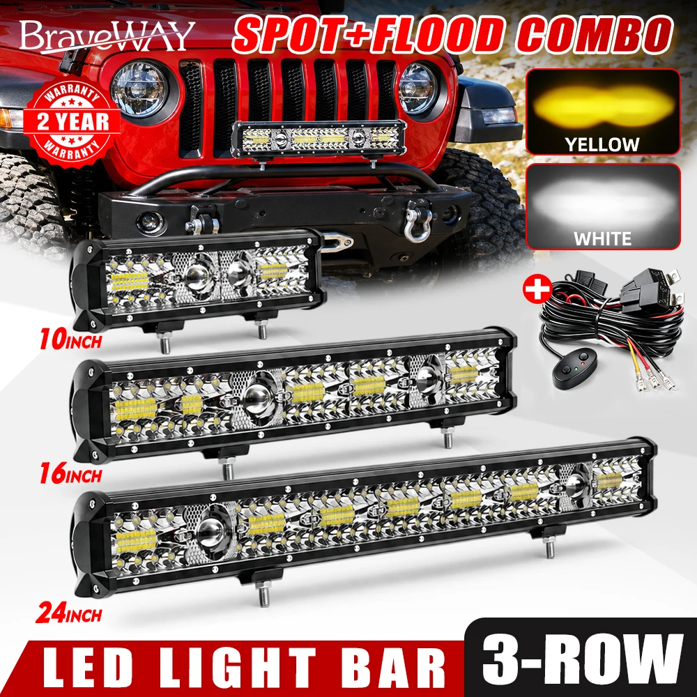 HL Dual Color LED Light Bar White Yellow Combo Beam Spot Flood IP68 Driving Lamp With Wiring Harness Relay Switch off-road use