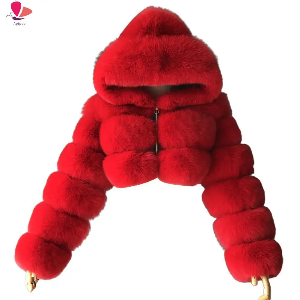 

S-6XL Women Jacket 2024 Fashion Autumn Winter Faux Fur Cropped Coat Fluffy Zip Hooded Warm Short Jacket