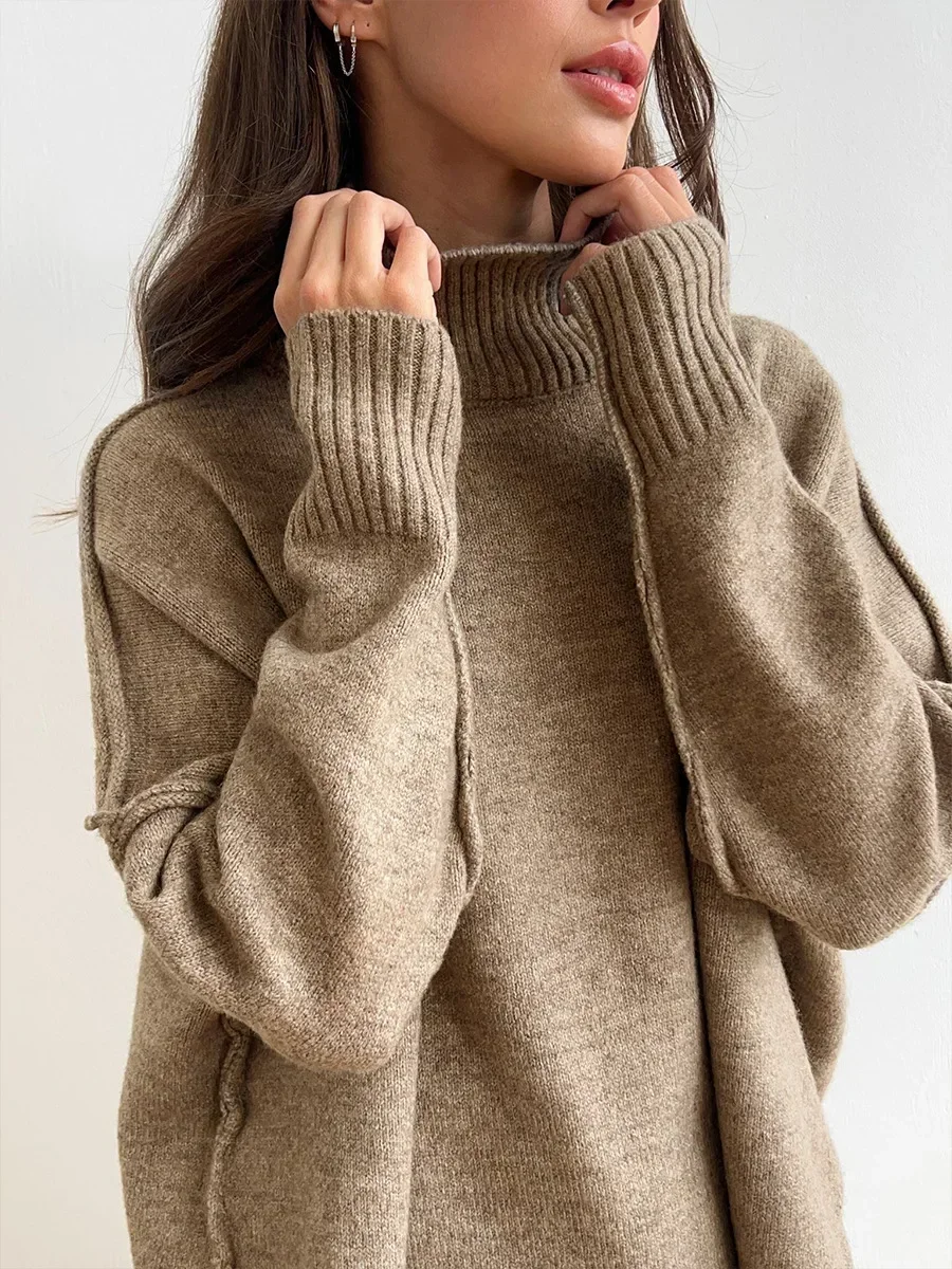 Bornladies Women\'s Autumn Winter Turtleneck Sweater Pants Set Loose Casual Knitted Sweater Thicke Loose Pullover 2 Pieces Sets