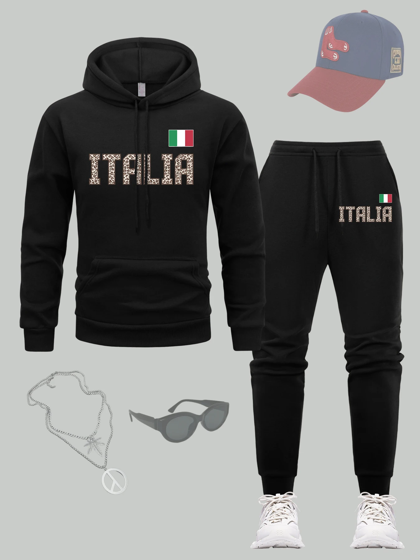 

Italia Art Letter Print Men Hoodie Set Pocket Multicolor Jogging Pants Fleece Autumn Hoodies Casual Hip Hop 2Pc Sweatpant Sets