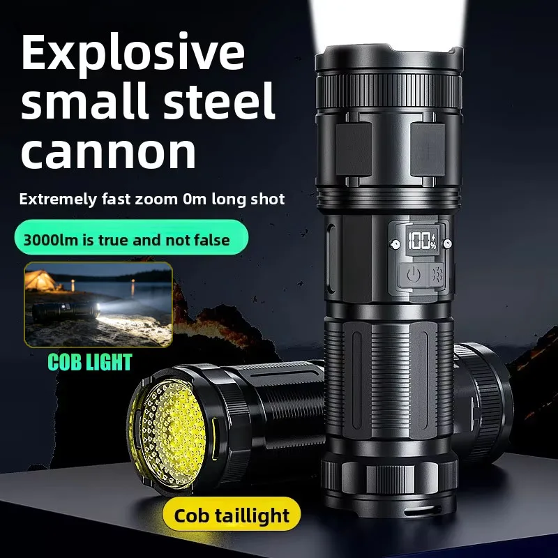 High Power LED Flashlight Rechargeable Long-Range Torch with Display COB Tail Light Lantern Built-in Battery Type-C Stronglight