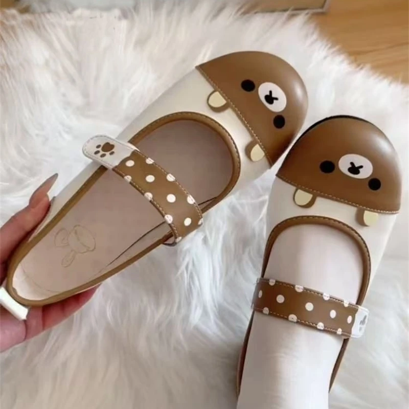 2025 Spring Collection Rilakkuma Girls Shoes Cute Strap Leather Flats Adorable Cartoon Design Versatile Fashionable