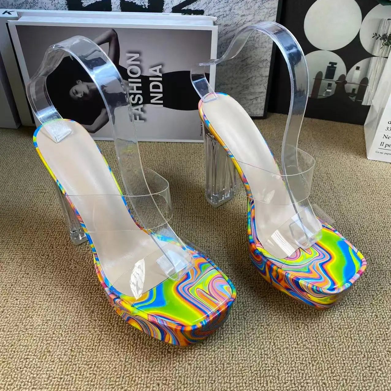 

2026 New Summer Women's Sandals Customized High Heels Colorful Crystal Square Head Platform Heels Open-toe Sexy Sandals