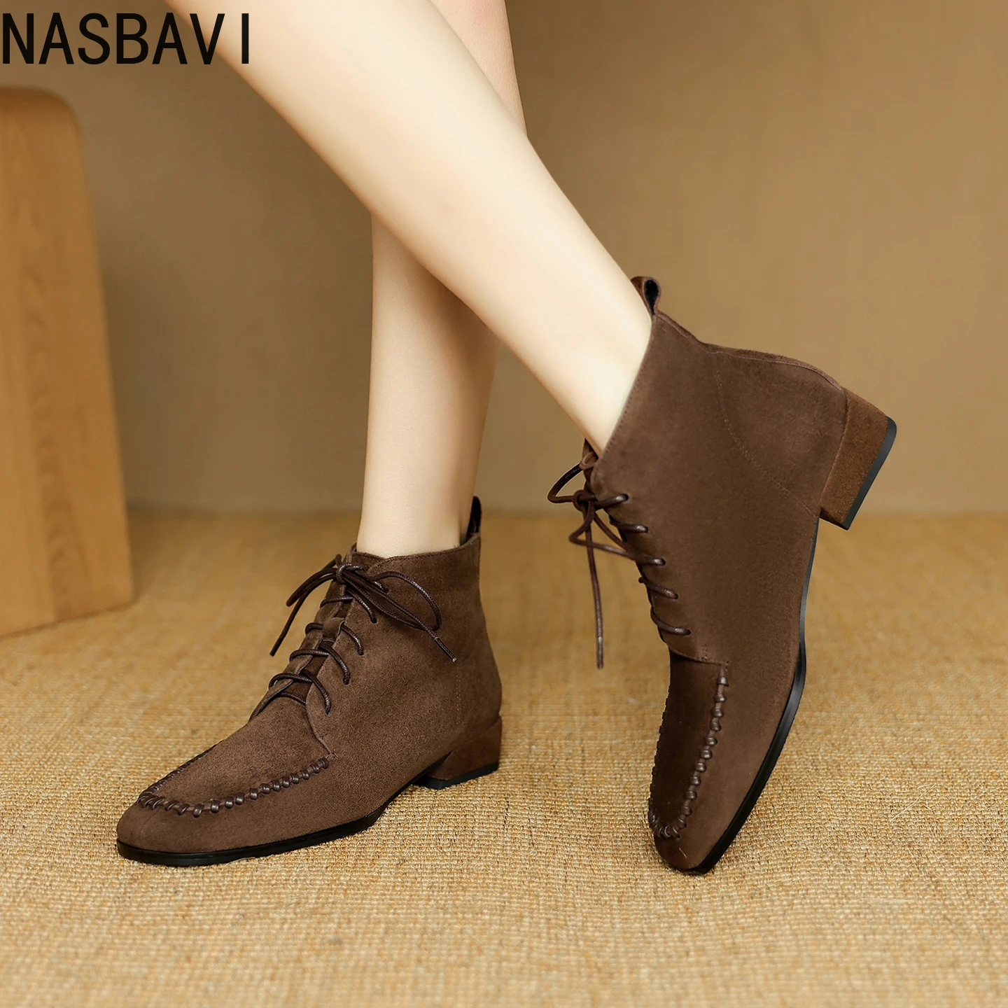 

NASBAVI 2026 Fashion Women Ankle Boots Winter Shoes Cow Leather Autumn High Heels Lace-up Sexy Warm Square Toe Short Boots 34-40