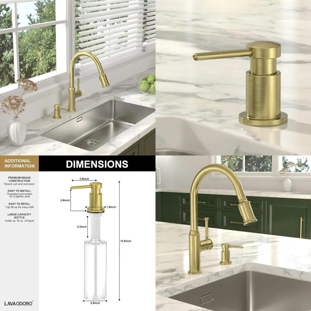 

18 Oz Refillable Brushed Gold Countertop Soap Dispenser with Pump for Kitchen Sink