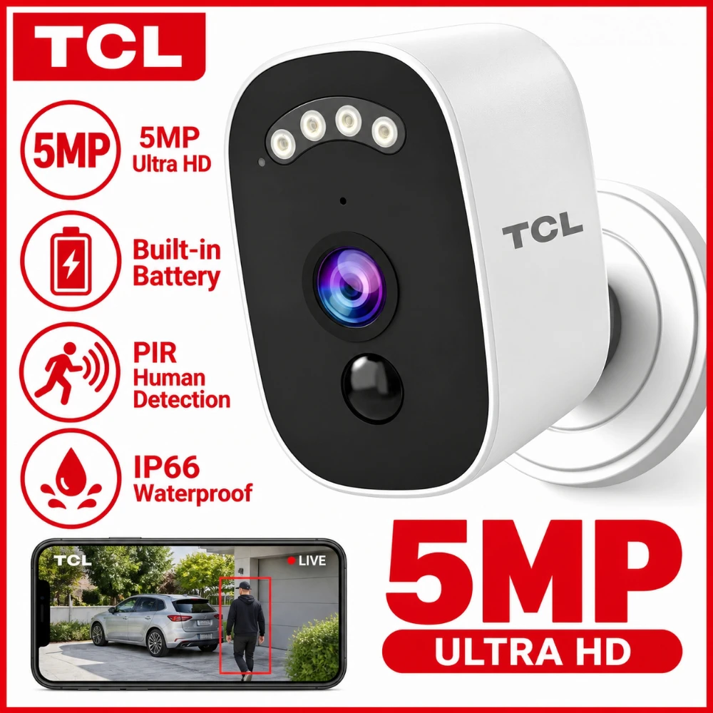 TCL Security Cameras Wireless Outdoor 3K 5MP Ultra Standby Time PIR Smart Color Night Vision Waterproof AI Detect Battery Cam