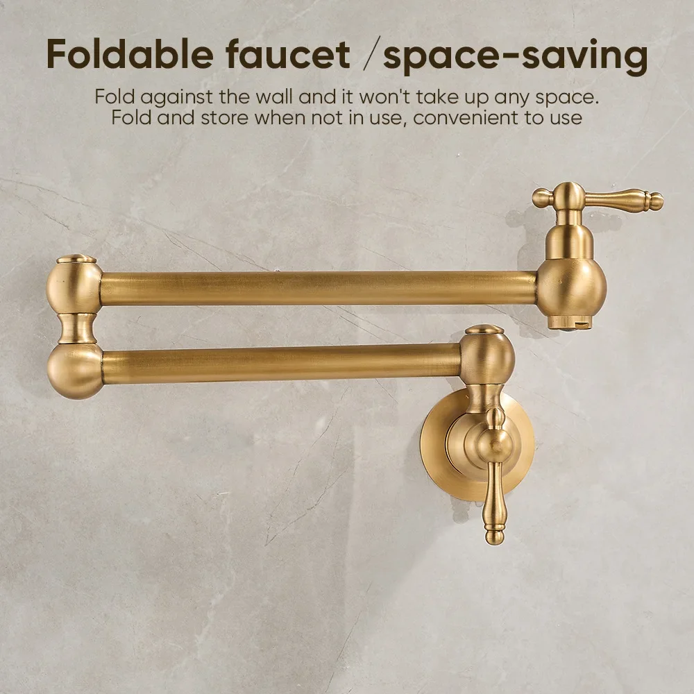 Solid Brass Kitchen Folding Single Cold Water Faucet Wall-Mounted Kitchen Faucet with Extended Reach 360-Degree Swivel