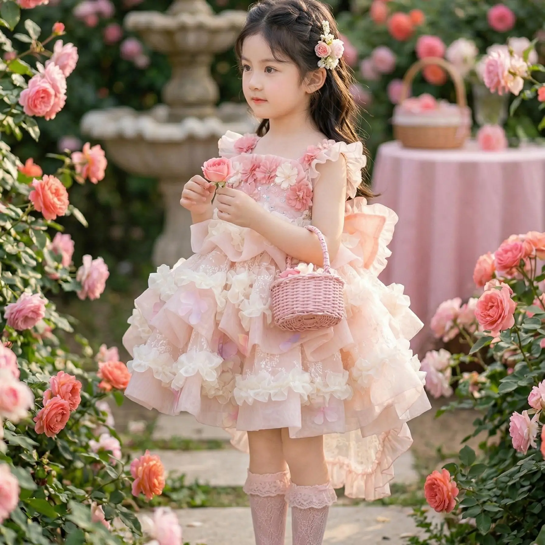 Baby Girl Summer Pink Sweet Cute Floral Lolita Lace Princess Gauze Ball Gown Bow Lace Dress Birthday Party Eid Childen Clothing