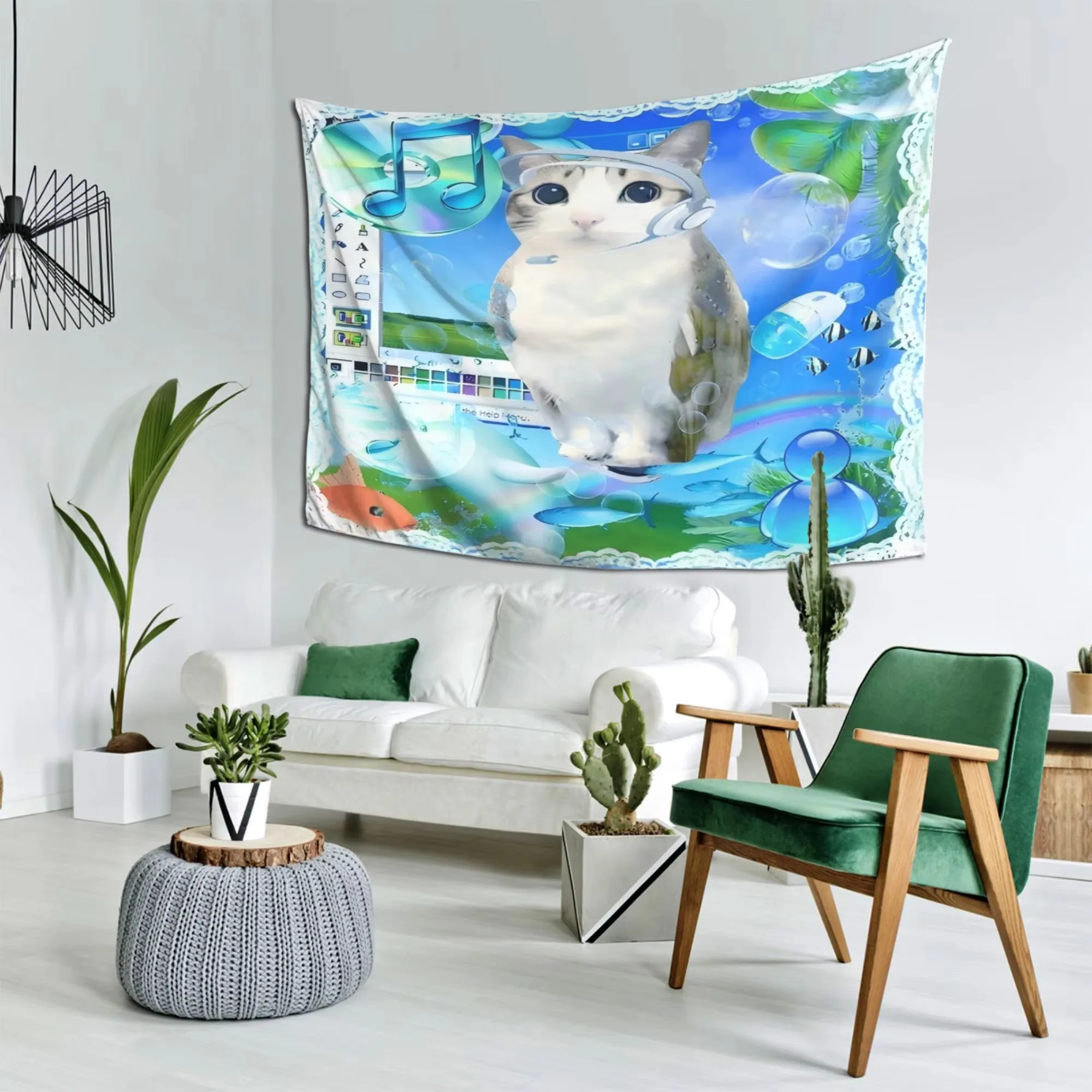Vaporwave Meme Retro Cat Tapestry, Bubble Fish Computer Bohemian Wall Hanging for Living Room Dorm Bedroom Aesthetic Decor Gift