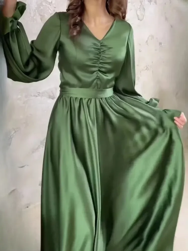 Vestido elegante de lujo para mujer, satén mercerizado, verde, Color sólido, ajustado, con cuello en V, con cordones, plisado, vestidos de fiesta de péndulo para mujer