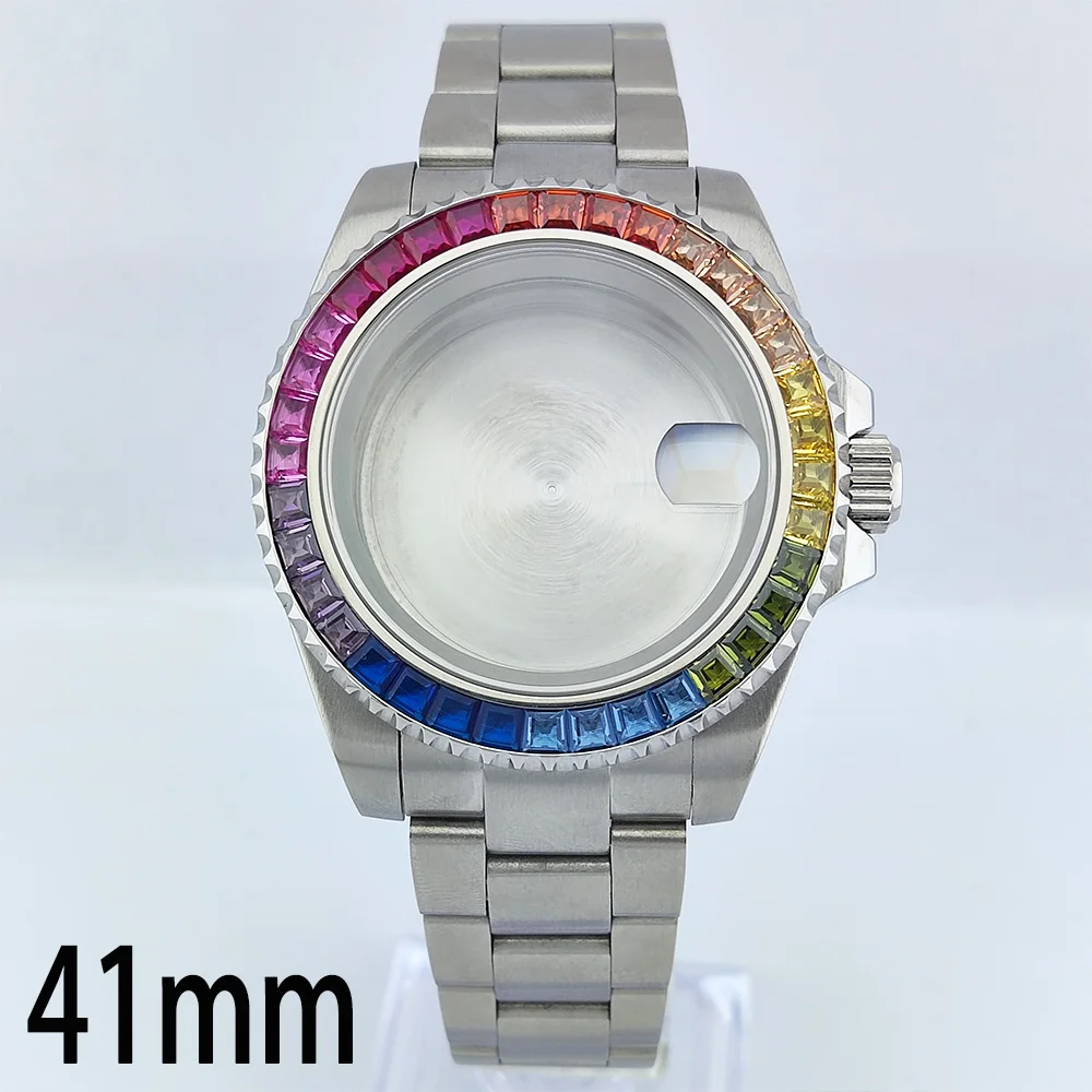 41mm Case NH35 Case Color Diamond Inlaid With Flat Magnifying Glass Stainless Steel Sapphire Glass Case Fit NH35/NH36 Movement