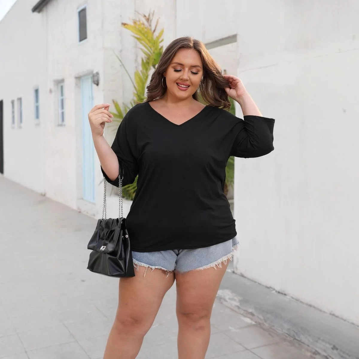 Kaos Wanita Panjang Regular dengan Detail Tali Ba, Lengan Lonceng Tujuh Perempat Panjang, Serat Poliester, Ukuran Universal