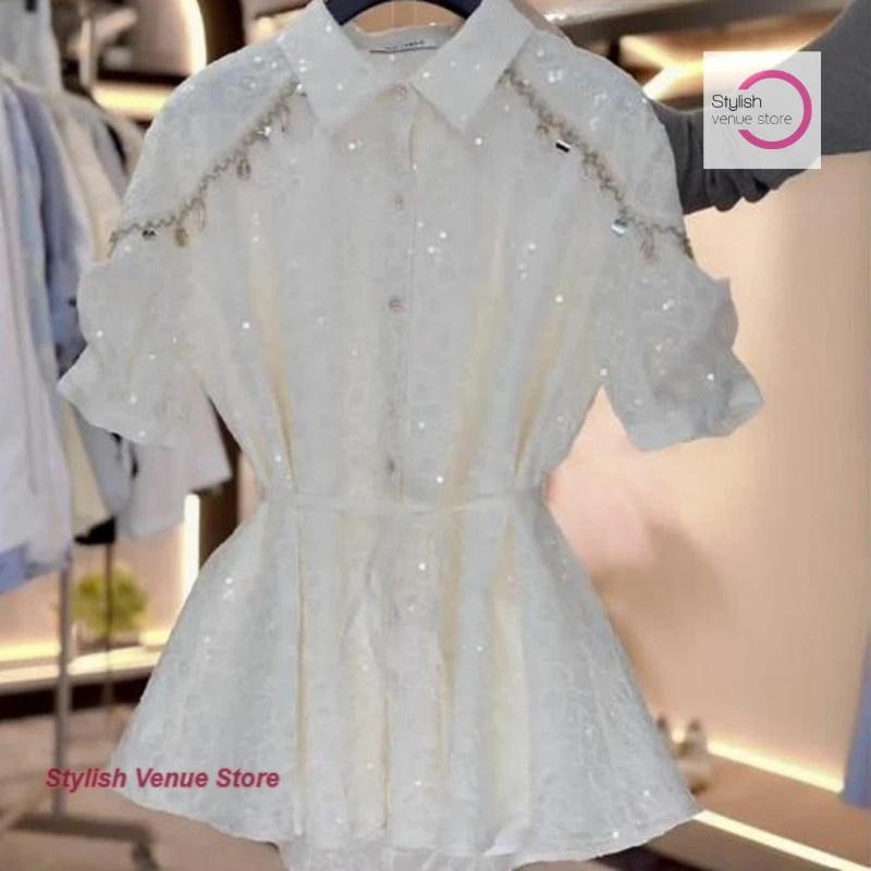 

French white design heavy sequined short-sleeved shirt women's summer fashion unique beautiful thin breathable temperament top.