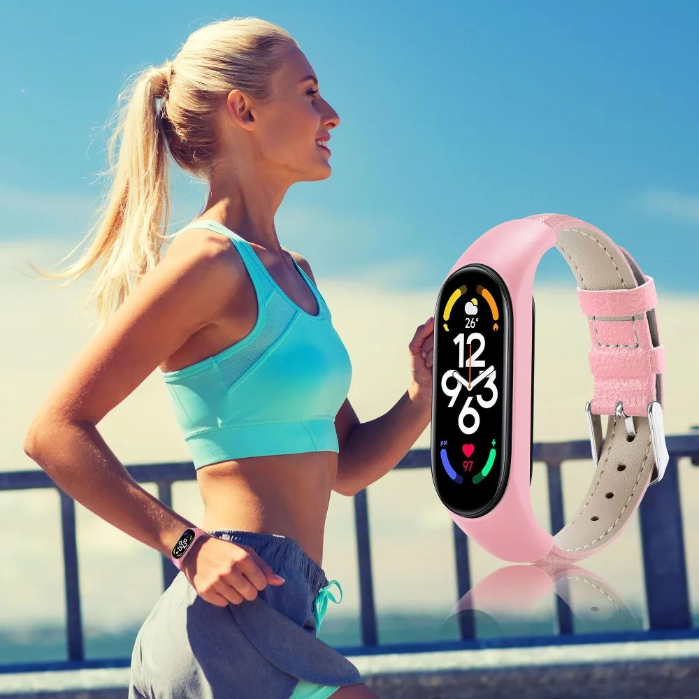 Wymienny skórzany pasek na nadgarstek Akcesoria do zegarków ze skóry PU z metalowymi złączami Bransoletka do Xiaomi Mi Band 7 6 5 4 3