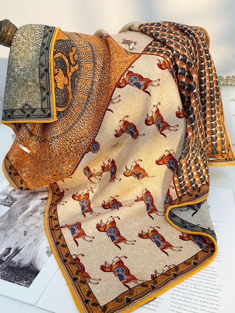 豪華なオレンジ色の両面馬柄シルクウールスカーフ-レディース-秋冬-エレガント-ヴィンテージ風ショール-65cmサイズ