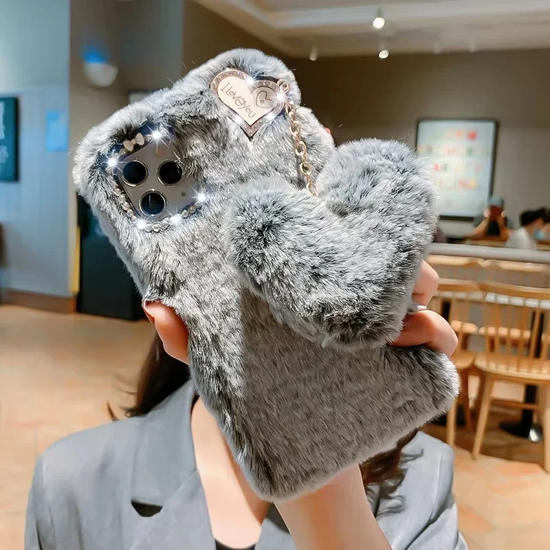 Plush love Phone Case For iPhone16 11 12 13 14 Pro XR X Xs Max mini 7 8 6 6s Plus MAX SE 3D Fur Anti-drop protective Back Cover image 4