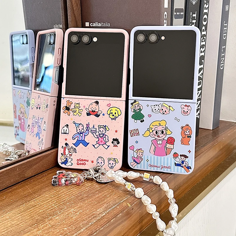 Kawaii Cartoon Girl Phone Case For Samsung Galaxy Z Flip 8 7 6 5 4 ZFlip7 ZFlip6 ZFlip8 Cover with Chain Korean Cute Hard Cases