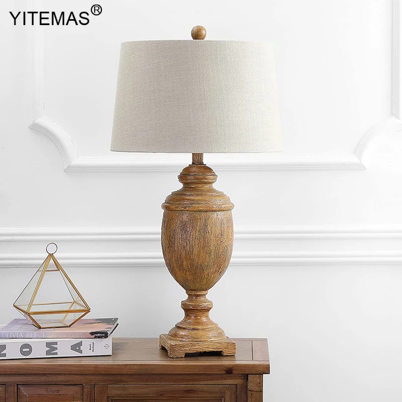 Vintage Wooden Table Lamp With Fabric Shade Retro Solid Wood Table Lamps In Reception Desk Shopping Mall Bedroom Bedside