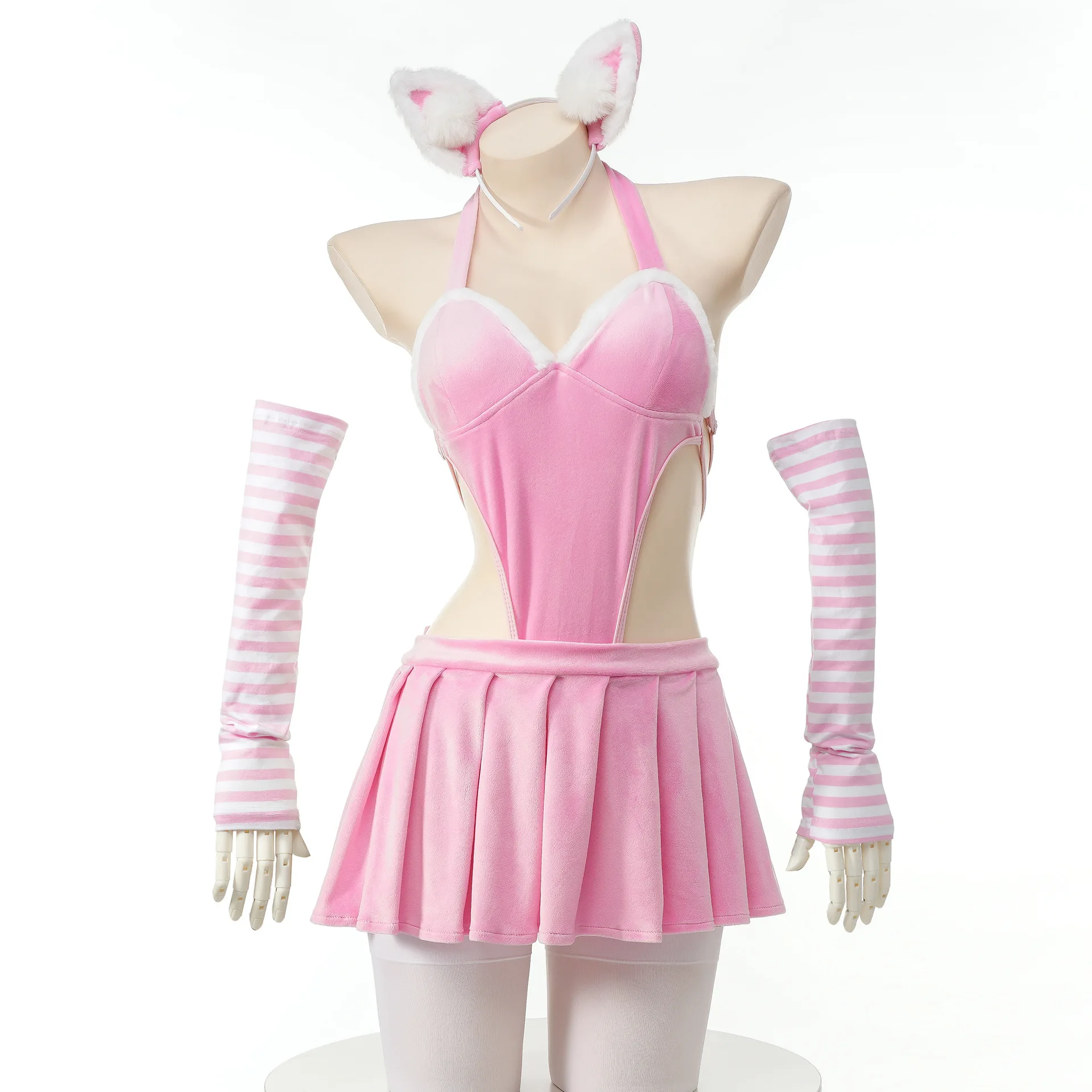 Lolita Sweet Cat Girl Pink Anime Uniform Women Bandage Backless Halter Bodysuit Skirt Striped Gloves Cosplay Costumes