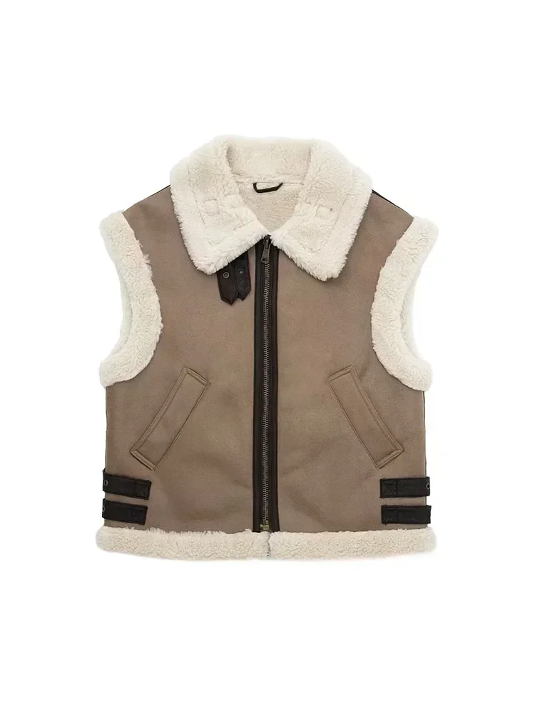 Women 2023 autumn New Fashion Fleece stitching vest Vintage Sleeveless  Pockets Female Waistcoat Chic Tops