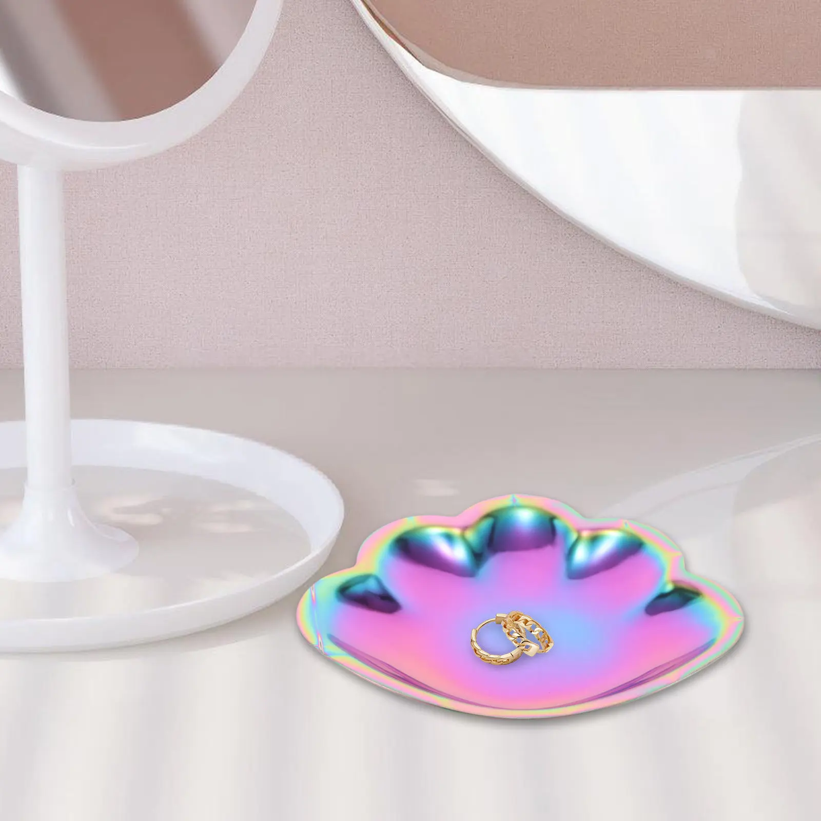 

Durable Stainless Steel Shell Trinket Tray for Jewelry Cosmetics Bathroom Vanity Desk Organizer Portable Metal Tray