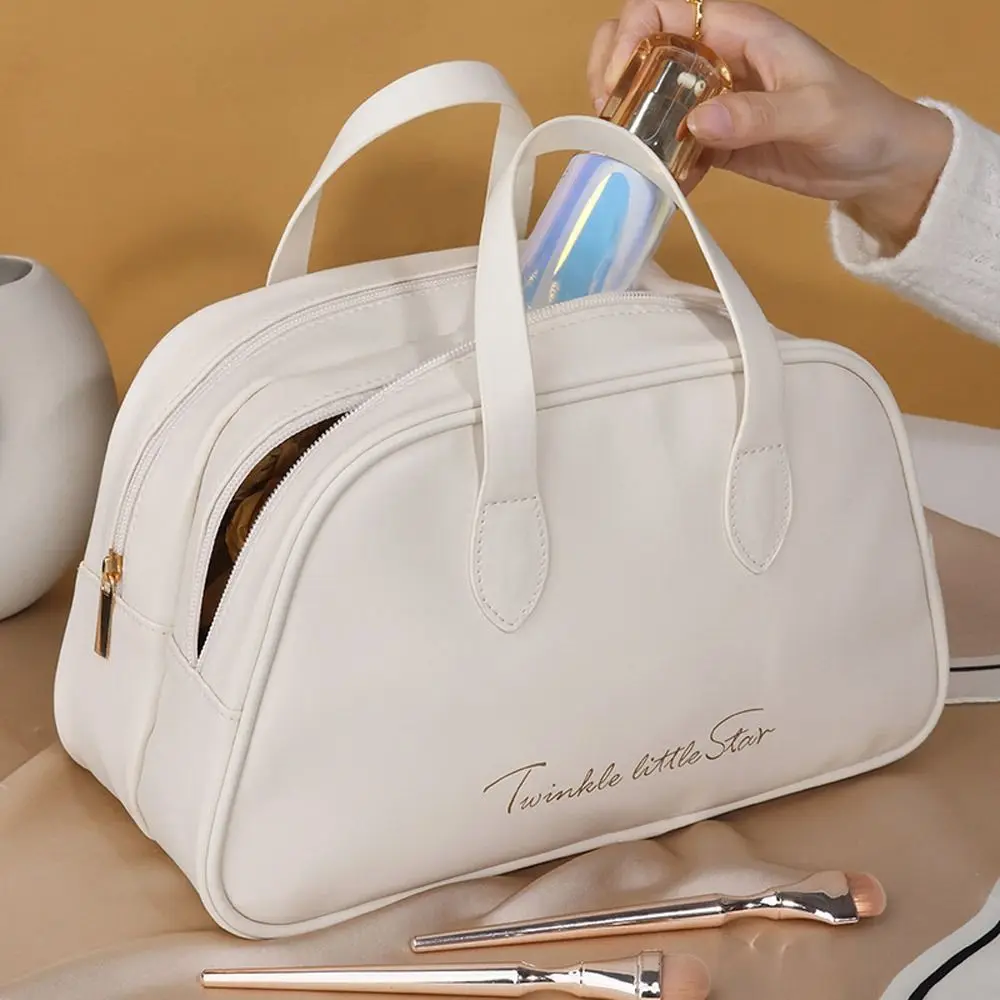 Borsa cosmetica da viaggio di grande capacità a doppio strato borsa per trucco portatile in PU borsa da bagno impermeabile per donna borsa