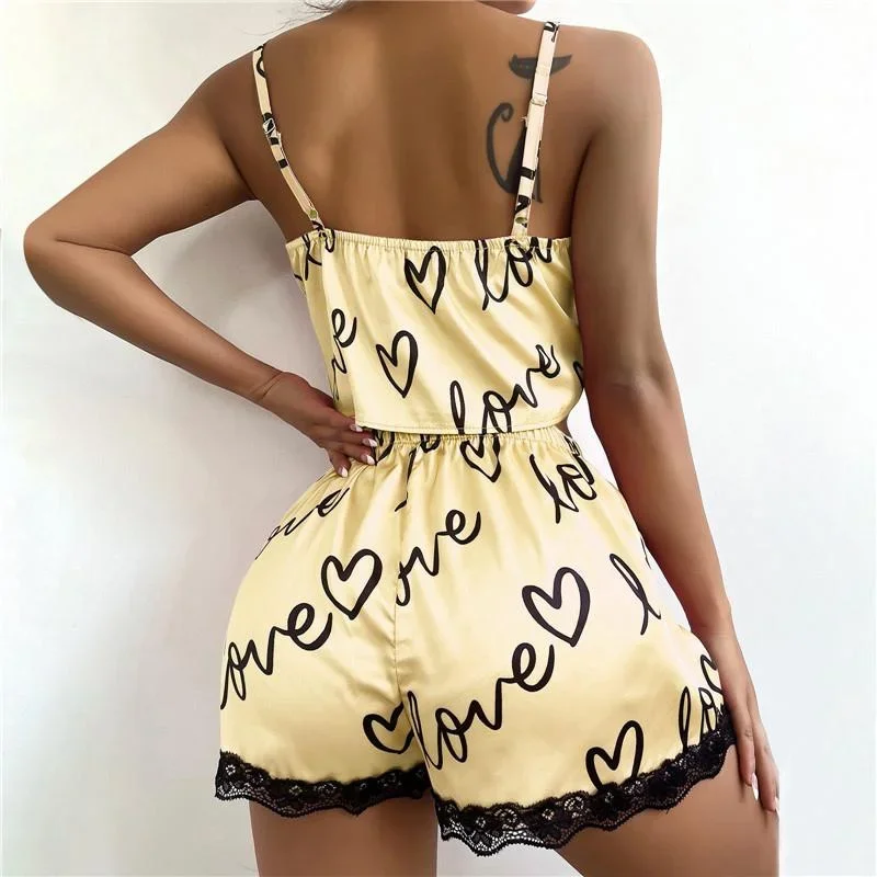 2pcs/set Pajama Suit for Women Sexy Cute V-Neck Lace Love Heart Printed Suspenders Tops Shorts Nighty Sleepwear Homewear Set