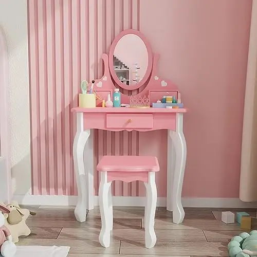 

Vanity Set with 3 Drawers and Real Mirror, Princess Vanity Table and Chair Set, Makeup Dressing Table with Rotatable Mirror for