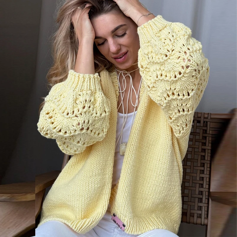 

Women Casual Sweater V-Neck Solid Long Sleeves Knit Cardigan Versatile Hollow Out Fashion Loose Jacket Thin Yellow Lady Knitwear