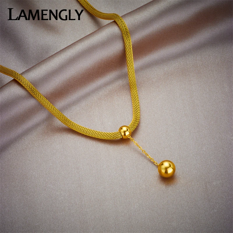 LAMENGLY 316L Stainless Steel Gold Color Round Bead Ball Pendant Necklaces for Women New Trend Coarse Chain Choker Jewelry Gifts