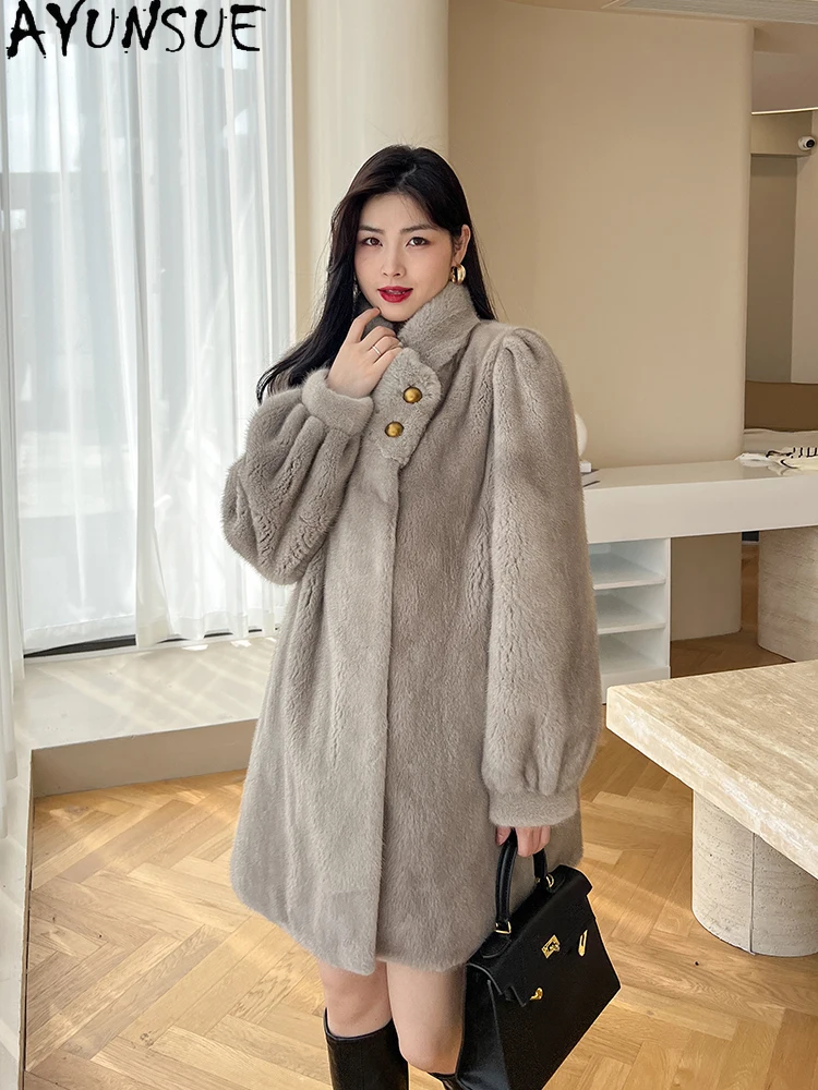 AYUNSUE 2025 معطف فرو المنك المخملي الطبيعي امرأة عالية الجودة الفاخرة معطف المنك الكامل للمرأة ملابس أنيقة كوفتا С ميخوم