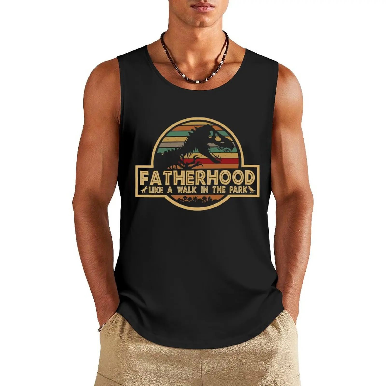 

Fatherhood Like A Walk In The Park Retro Vintage T-Rex Dinosaur Father's Day Tank Top Men's summer clothes plain t-shirt