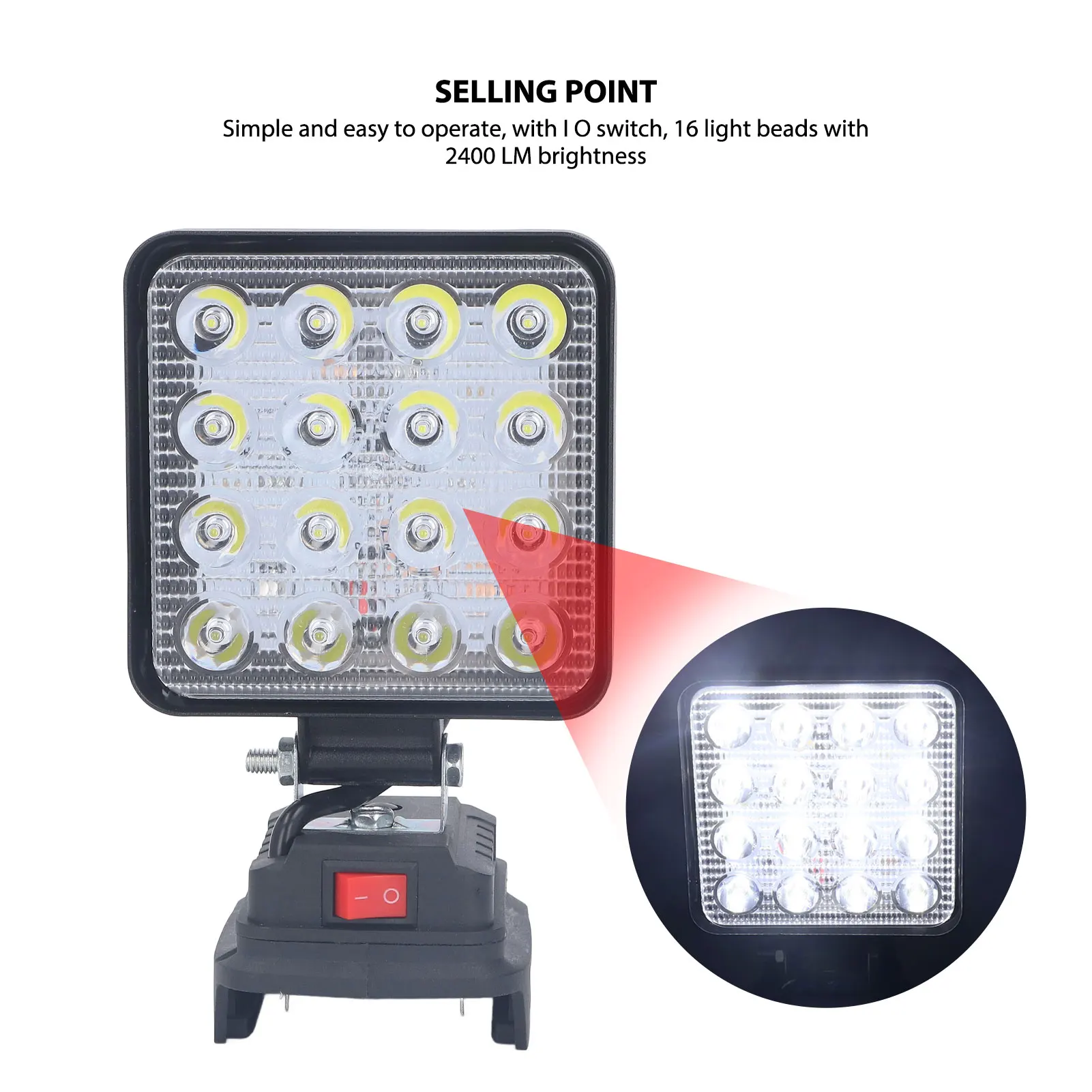 LED Work Spotlight 8W 16 Lamp Beads 25V Working Voltage ABS LED Work Light 18V Lithium Battery Powered for Outdoor Camping