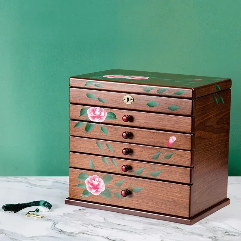 Hand-Painted Wooden Jewelry Box, Solid Wood Necklace and Earring Organizer, Large Capacity Storage Lock Box, Artistic Gift Idea