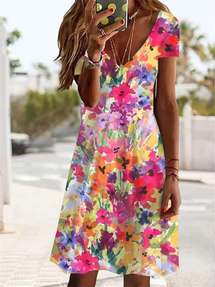 2024NewTEMU Amazon Summer European Style Printed Short SleeveVCollar Mid-Length Loose Dress Female