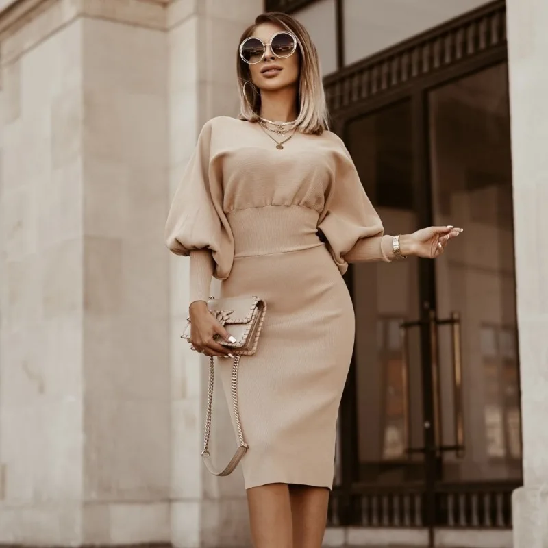 

2024 Fall Women Vintage Dress Elegant Women Solid Color Bodycon Slim Party Dress V Neck Lantern Sleeve Ribbing Winter Midi Dress