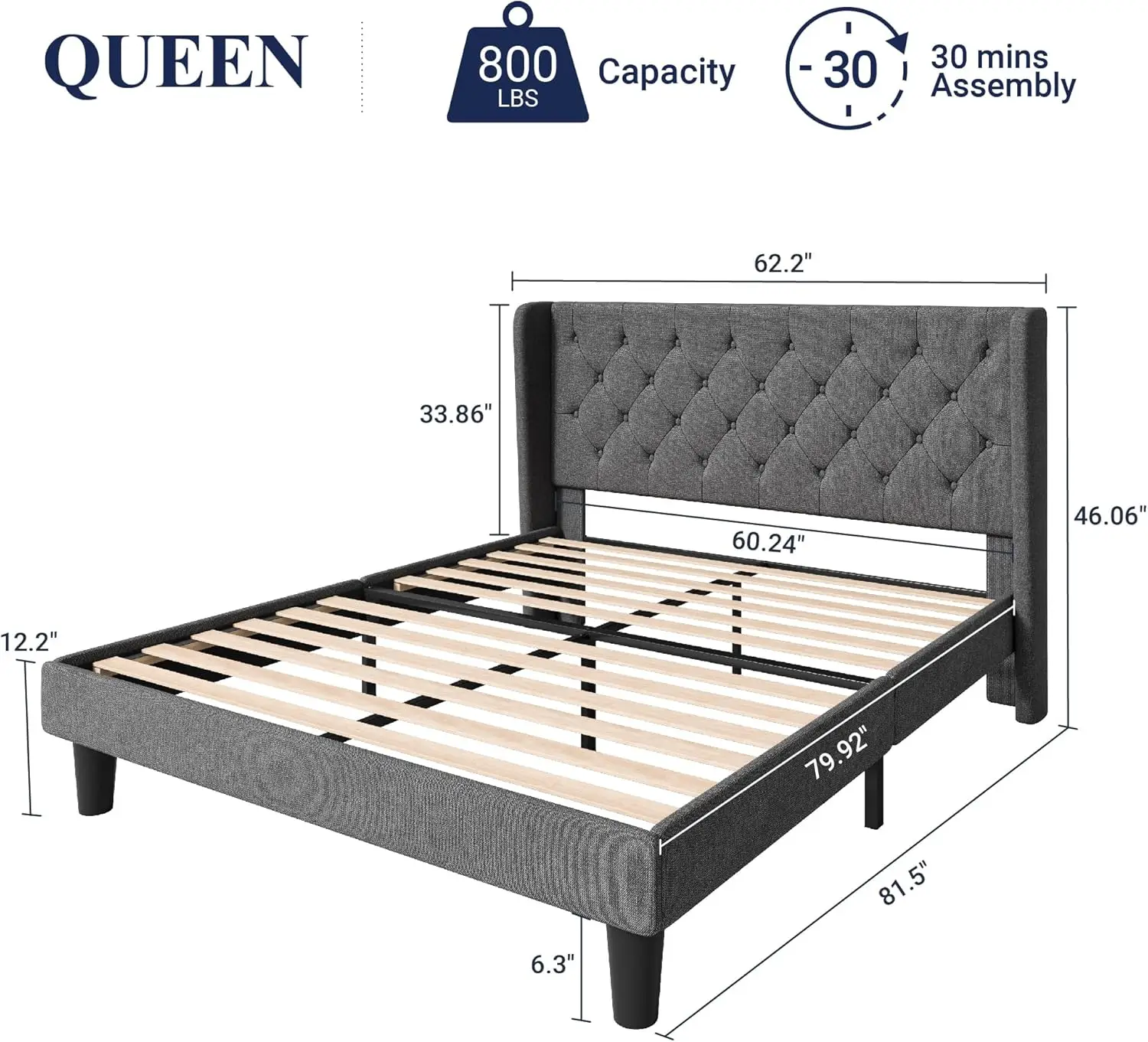 Kerangka tempat tidur ukuran Queen dengan tombol rumbai papan depan, tempat tidur Platform berlapis kain dengan bilah kayu pendukung-tanpa kotak