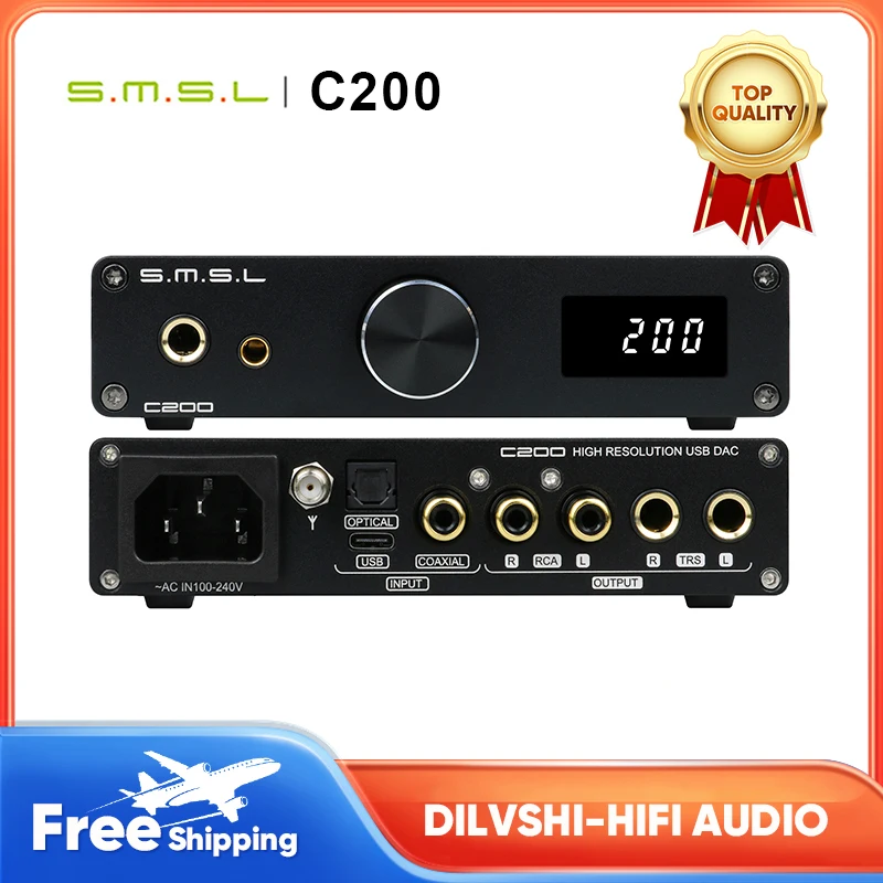 

SMSL C200 Audio DAC Headphone Amp ES9038Q2M 4xOPA1612A USB/Optical/Coaxial/Bluetooth 5.1 Inputs TRS Balanced 4.4mm 6.35mm Output