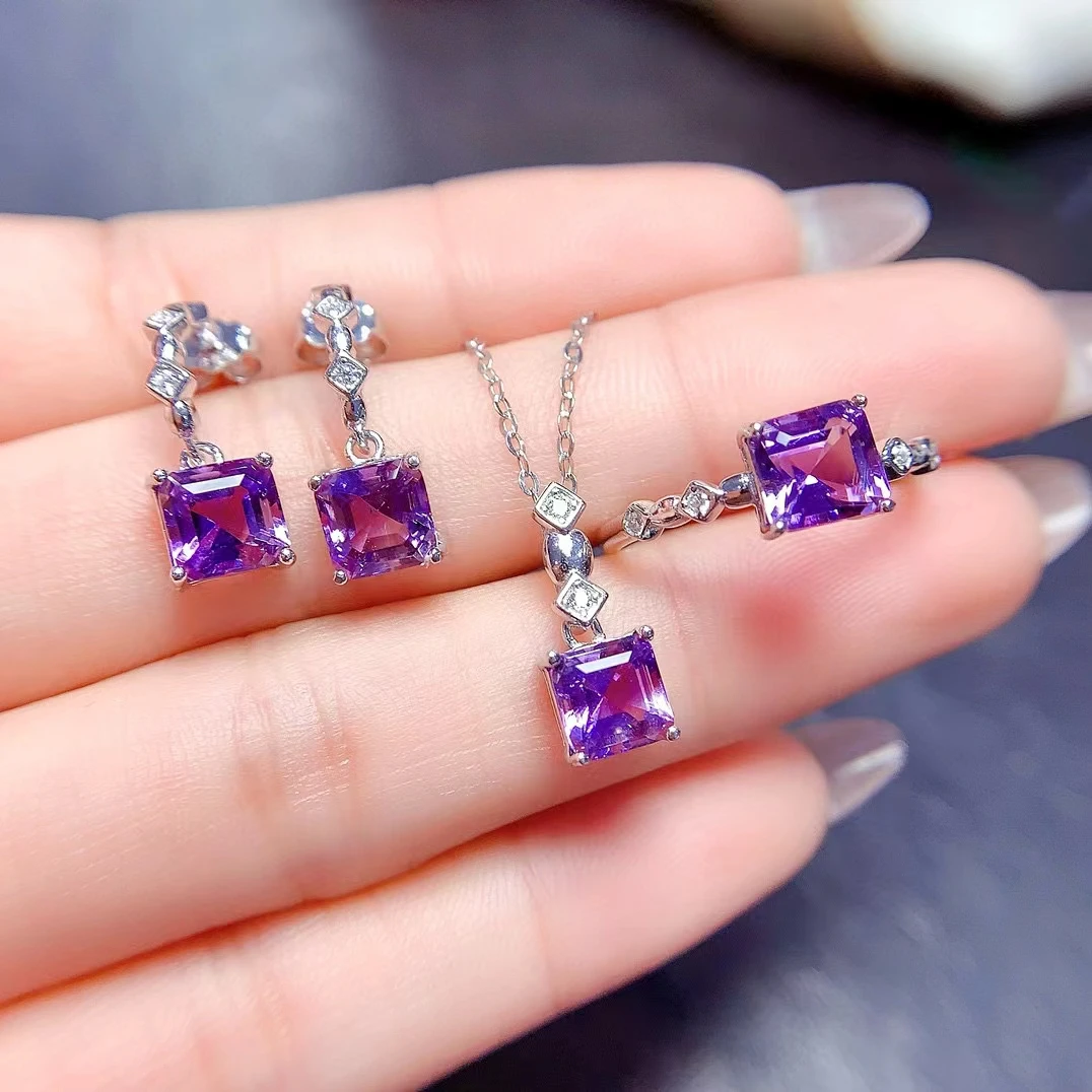 MeiBaPJ 6mm Natural Square Amethyst Fine Wedding Jewelry Set 925 Pure Silver Necklace Ring Earrings 3 Pieces Suite for Women