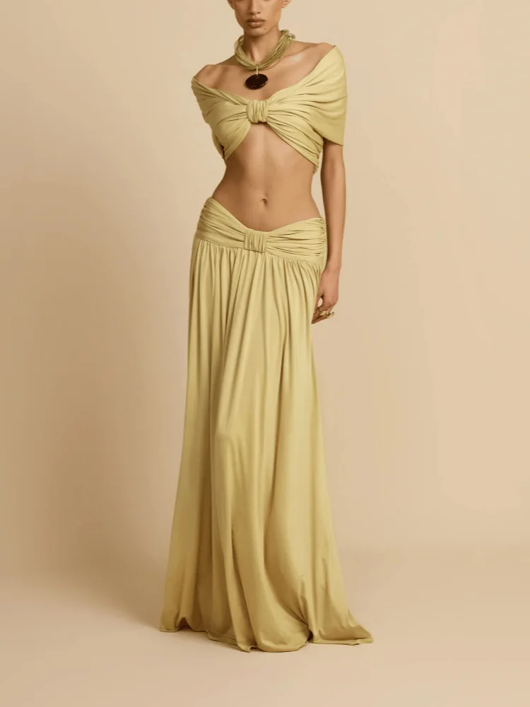 

Women Fashion Hight Waist Draped Solid Outfit Elegant Half Skirt 2Pc Suit Sexy Off Shoulder Sleeveless Crop Top & Long Skirt Set