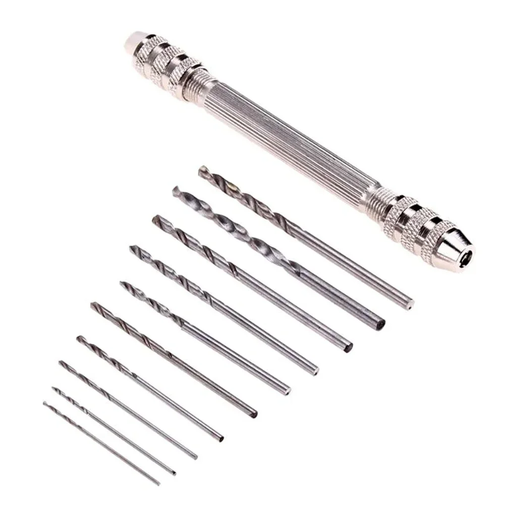Double Mini Hand Drill With 10Pcs 0.8mm-3.0mm HSS High Speed Steel Straight Shank Twist Drill Bit Power Tools Mini Hand Drill