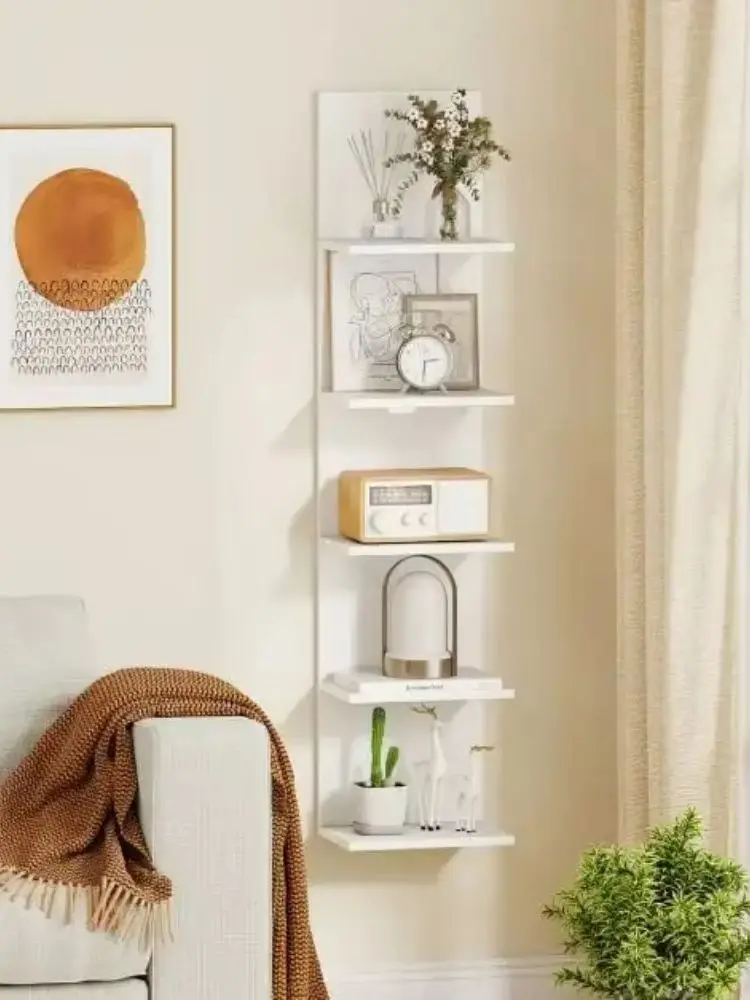 5-Tier White Wooden Vertical Floating Wall Shelves Home Decor Organizer for Living Room Bathroom