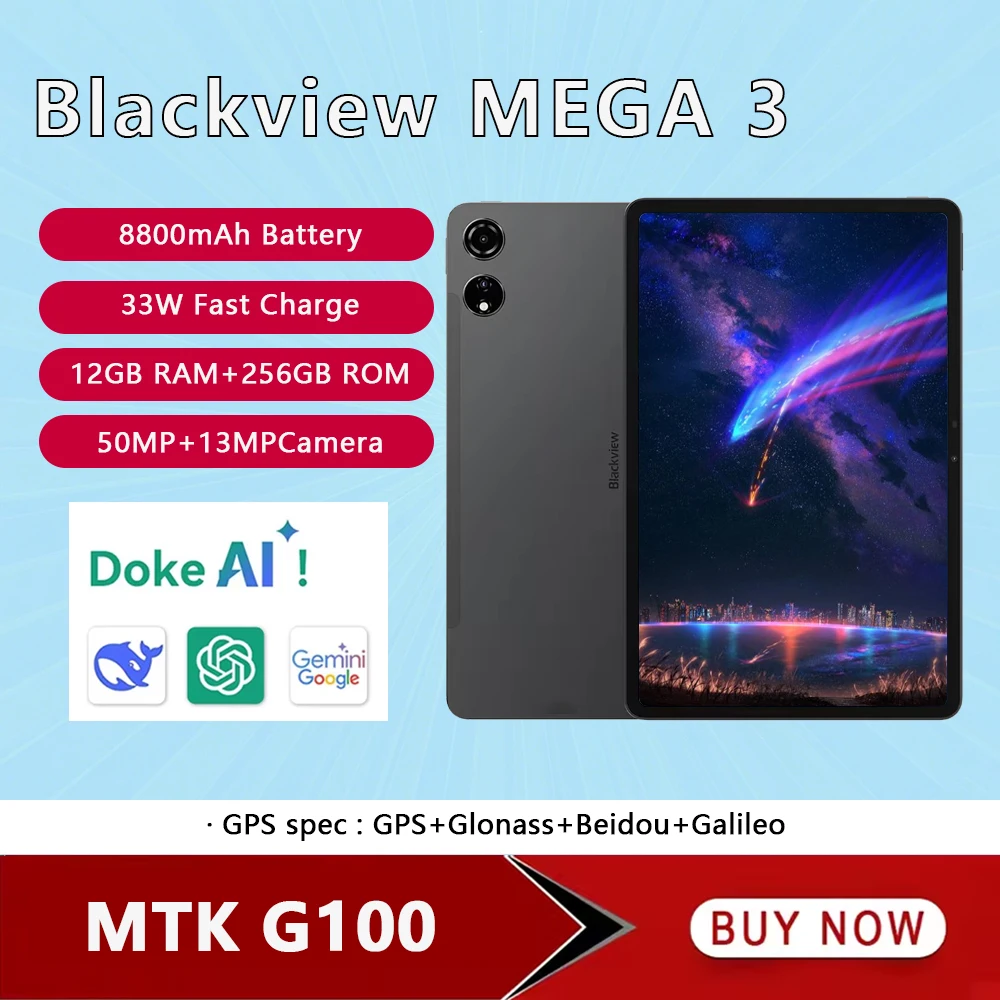 Blackview MEGA 3 Tablet Android 15 12GB 256GB Tablet PC 8800mAh 33W Fast Charging 50MP 12 1Inch 2.5K 90Hz Display 4G Smart Pad